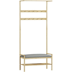 Porte-manteau avec étagère à chaussures en bambou, meuble d'entrée, portemanteau 10 patères tringle vêtement, coussin étagère