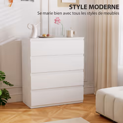 Commode - Homcom - 4 Tiroirs - Avec Mécanisme De Fermeture En Douceur - Panneau De Particules - 80 X 39 X 95 Cm - Blanc - Vue supplémentaire 2