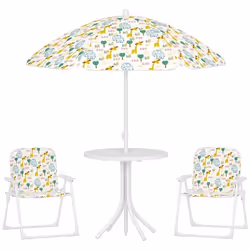 Ensemble salon de jardin extérieur enfant - AIYAPLAY - motif éléphant et girafe parasol réglable Ø 100 cm chaise pliable - bl ...