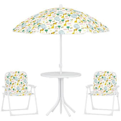 Ensemble salon de jardin extérieur enfant - AIYAPLAY - motif éléphant et girafe parasol réglable Ø 100 cm chaise pliable - blanc