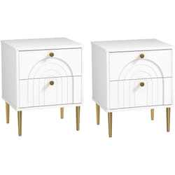 Lot de 2 chevets tables de nuit design - 2 tiroirs - piètement poignée métal doré blanc