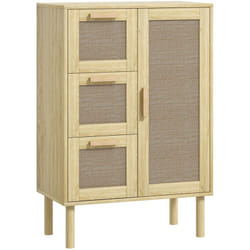 Homcom - Meuble bas salle de bain style bohème - porte, étagère, 3 tiroirs - effet rotin bois clair