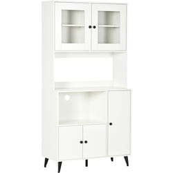 Buffet haut armoire de cuisine sur pied - 5 portes, 4 étagères, niche, plan de travail - blanc noir