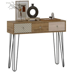 Table console - HOMCOM - 3 tiroirs - table dentrée étroite - pieds en épingle à cheveux en acier - 90 x 30 x 75 cm - marron