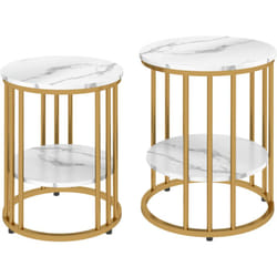 Homcom - Lot de 2 tables basses gigognes rondes style Art déco - 2 étagères - acier doré effet marbre blanc