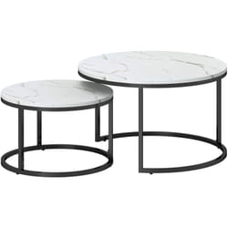 Lot de 2 tables basses rondes gigognes empilables piètement acier noir plateau aspect marbre blanc