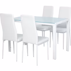 L'ensemble de table à manger et 4 chaises, avec dessus en verre trempé et pieds en métal, accompagnée de quatre chaises à hau ...
