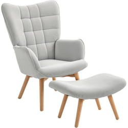 Homcom - Fauteuil à oreilles et son repose-pieds piètement bois velours côtelé dossier effet capitonné gris