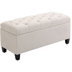 Banquette coffre de rangement style Chesterfield dim. 100 x 40 x 44 cm piètement bois noir tissu beige clair