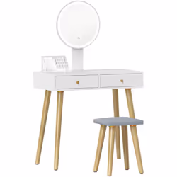 Découvrez le set de table de maquillage HOMCOM : un miroir rond avec lumières LED ajustables, trois couleurs de lumière, lumi ...