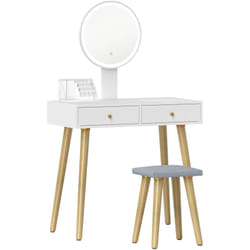 Ensemble coiffeuse tabouret avec miroir led rond design réglable nombreux rangements