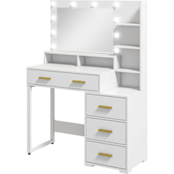 Coiffeuse miroir led 9 ampoules - 4 tiroirs, 3 niches, 4 étagères - dim. 100 x 40 x 138 cm - poignées métal doré blanc