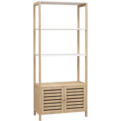 Homcom - Meuble de Salle de Bain avec 3 étagères en Bambou 1 Placard avec Portes à Lattes 63 x 30 x 138 cm Bois Naturel et Blanc