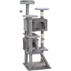 Arbre à chat 2 niches grattoir griffoirs plate-formes 2 niches 2 jouets pompons peluche grise