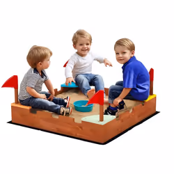 Bac à sable en bois - AIYAPLAY - pour enfants 3-7 ans - sièges drapeaux sans fond thème de la muraille - 90 x 90 x 17 cm -