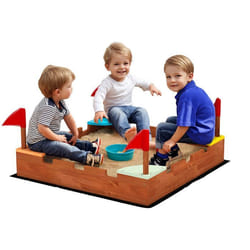 Bac à sable en bois - AIYAPLAY - pour enfants 3-7 ans - sièges drapeaux sans fond thème de la muraille - 90 x 90 x 17 cm -