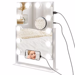 Miroir Hollywood - HOMCOM - LED 12 ampoules luminosité réglable rotation à 360° grossissement 10X touche tactile - blanc