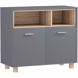 Explorez l'armoire de salle de bain HOMCOM : design moderne, fonctionnalité avec multiples rangements, fini gris et bois natu ...