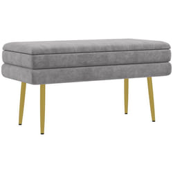 Banc coffre de rangement HOMCOM 2 en 1 assise aspect velours et pieds acier - 795L x 375l x 43H cm gris et doré