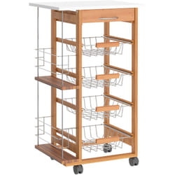 Homcom - Desserte cuisine bois roulante - tiroir, 4 paniers amovibles, 2 porte-bouteilles - bois blanc