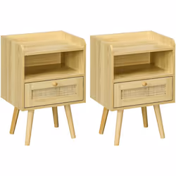 Découvrez ce lot de 2 tables de chevet HOMCOM avec panneau en rotin et structure en panneau de particules robuste. Pieds en b ...