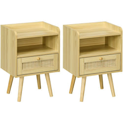 Lot de 2 chevets tables de nuit style bohème cannage - tiroir, niche - bois de pin effet bois clair