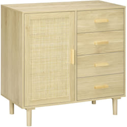 Buffet cannage rotin style naturel - porte, étagère, 4 tiroirs - dim. 80 x 38 x 80,5 cm - effet bois clair
