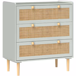 Illuminez votre pièce avec la commode HOMCOM, arborant des façades en rotin boho-chic dans un charmant camaïeu de vert de gri ...