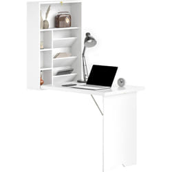 Homcom - Bureau pliable rabattable - bureau bibliothèque 2 en 1 - étagères - blanc