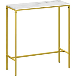 Table de bar mange-debout table haute dim. 100 x 40 x 107 cm acier doré plateau effet marbre blanc
