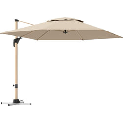 Parasol déporté hexagonal inclinable pivotant dim. 4,2L x 3l x 2,7H m alu effet bois polyester anti-UV UPF50+ kaki