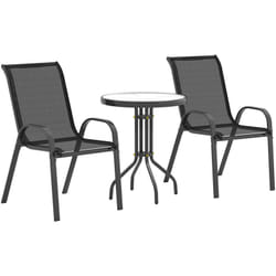 Outsunny - Ensemble bistro de jardin 3 pièces - 2 chaises, table ronde plateau verre - acier textilène noir