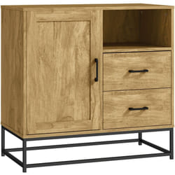 Buffet effet bois exotique - 2 tiroirs, niche, porte, étagère - piètement poignées métal noir