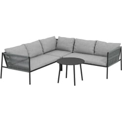 Salon de jardin d'angle 5 places en résine tressée avec table basse et coussins gris