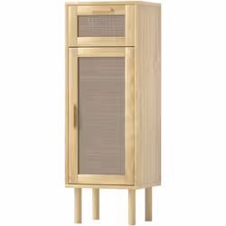 Découvrez l'élégance du meuble de salle de bain HOMCOM : porte en rotin pour ventilation optimale, étagère ajustable en trois ...