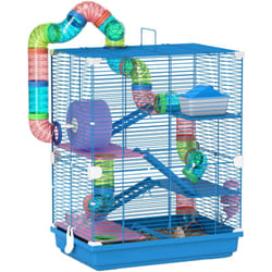 Cage pour hamster souris rongeur 4 étages avec tunnels mangeoire roue maison échelles dim. 46L x 30l x 58H cm bleu