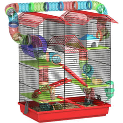 Pawhut - Cage pour hamster souris petits animaux rongeur avec tunnel mangeoire roue jouet 47 x 30 x 59 cm cm rouge