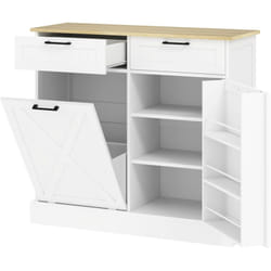 Buffet cuisine meuble poubelle 38L - porte, 2 étagères, 2 tiroirs, porte-épices - effet bois clair blanc