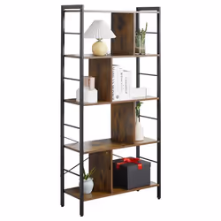 Bibliothèque étagère de rangement - HOMCOM - 5 niveaux - compartiments ouverts - cadre en acier - 74x30x1575cm - brun rustiqu ...
