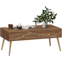 Table basse design Art déco - 2 tiroirs coulissants - piètement poignées coniques métal doré effet bois
