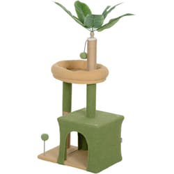 Arbre à chat design tropical - niche, panier observation, jeux boules, griffoirs - effet laine bouclée beige vert
