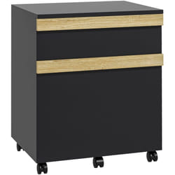 Caisson de bureau rangement bureau sur roulettes tiroir coulissant et tiroir dossiers suspendus noir aspect chêne clair