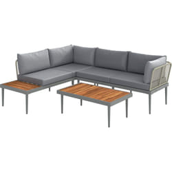 Outsunny - Salon de jardin design modulable 4 places 3 pièces acier coussins gris étagère plateau bois acacia