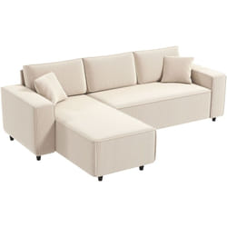 Canapé d'angle réversible 3 places velours côtelé avec 2 coussins crème