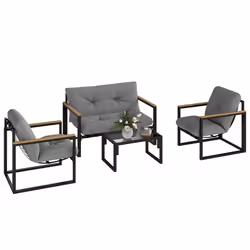Salon de jardin extérieur - Outsunny - 4 personnes - canapé 2 fauteuils et table basse en verre trempé - coussins inclus - gr ...