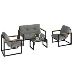 Salon de jardin extérieur - Outsunny - 4 personnes - canapé 2 fauteuils et table basse en verre trempé - coussins inclus - gris