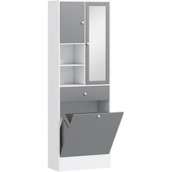 Homcom - Meuble haut de salle de bain avec miroir - panier à linge à bascule, 2 portes, 3 étagères, 2 niches, tiroir - blanc gris