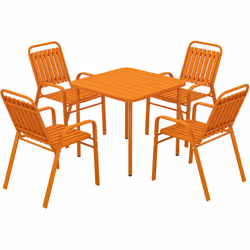 Découvrez le salon de jardin extérieur Outsunny, avec table à plateau métallique effet bois et quatre chaises colorées. Idéal ...