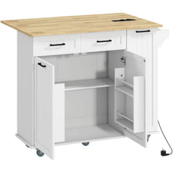 Desserte îlot central de cuisine multi-rangement - prises secteur, ports usb - blanc effet bois clair