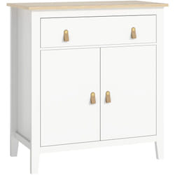 Buffet 2 portes étagère tiroir poignées lanières aspect cuir dim. 80 x 40 x 90 cm blanc effet bois clair